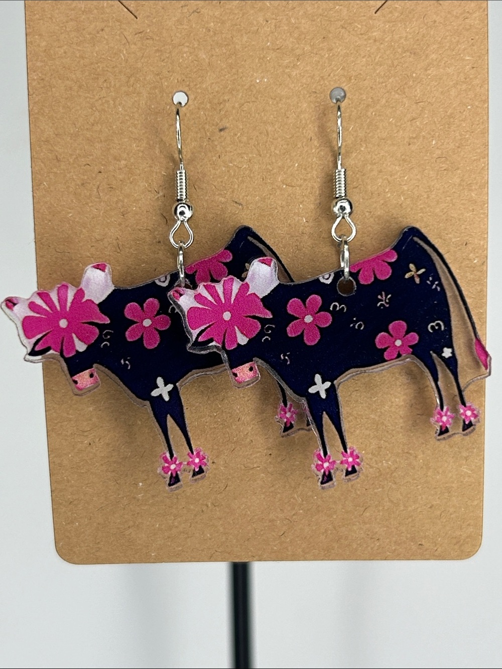 Floral Cow Dangle Earrings Country Fashion Jewelry
